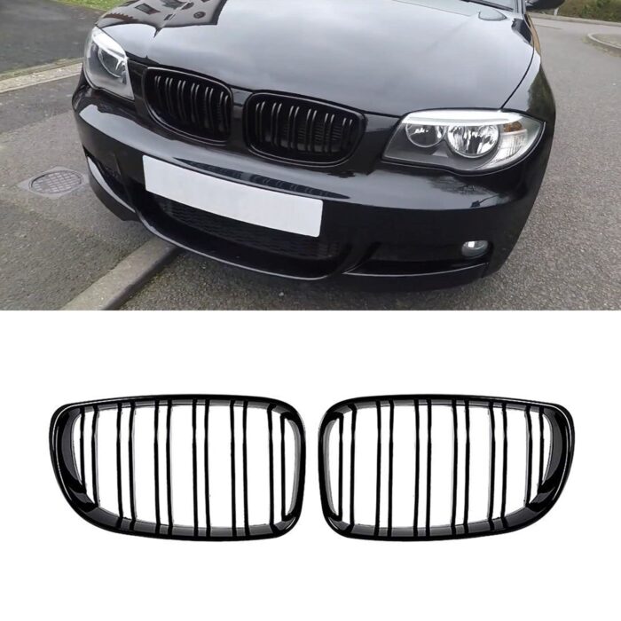 Juodos, blizgios, dvigubos grotelės skirtos BMW E81, E82, E87, E88 LCI (2007-2013) - Image 1