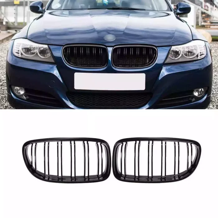 Juodos blizgios dvigubos grotelės, skirtos BMW E90, E91 (2008-2011) - Image 1